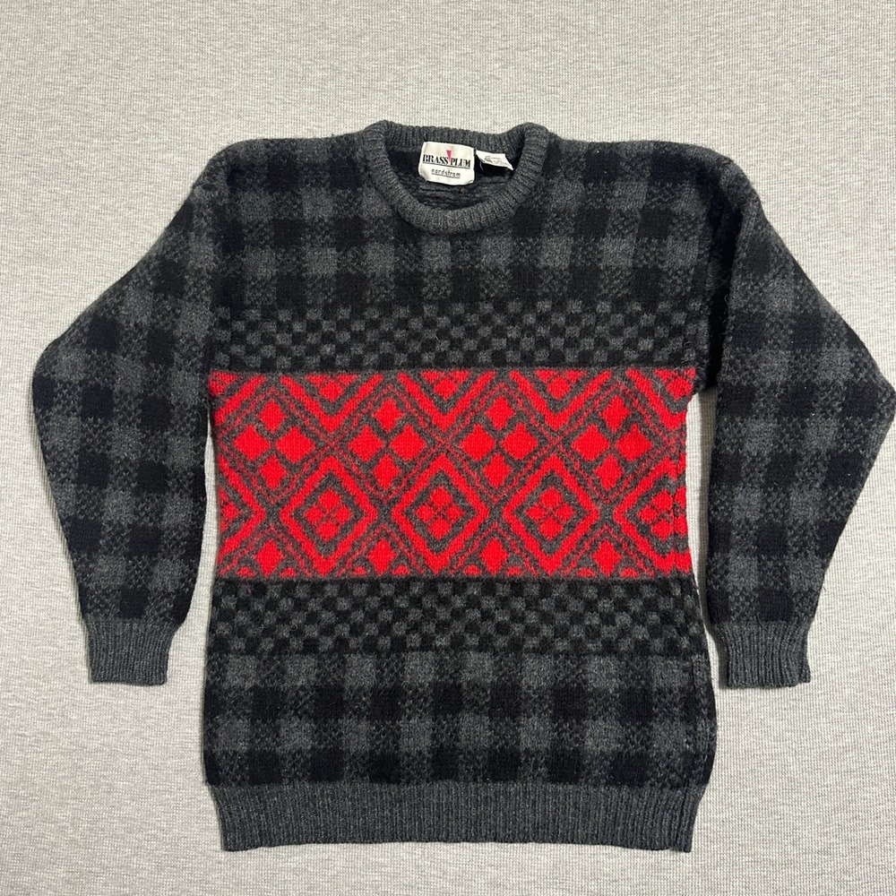 Vintage Brass Plum Nordstrom Shetland‎ Wool Sweater Black Red Plaid Mens Medium
